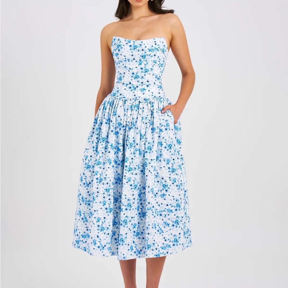 MISS CIRCLE PALOMA BLUE PRINT LINEN CORSET DRAPING TOP MIDI DRESS